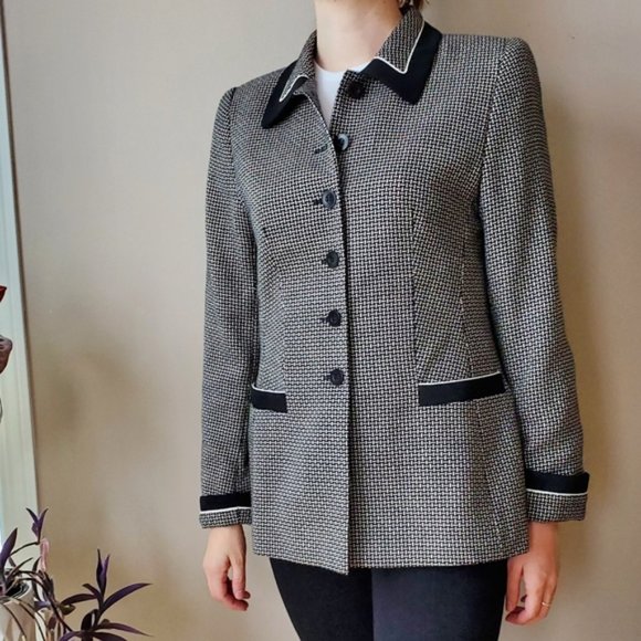 Vintage Escada black and white plaid wool silk patterned blazer - Picture 3 of 13